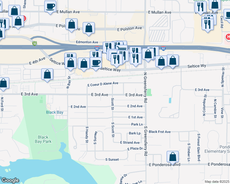 map of restaurants, bars, coffee shops, grocery stores, and more near 303 North Scott Street in Post Falls