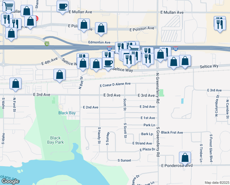 map of restaurants, bars, coffee shops, grocery stores, and more near 1616 East Coeur D Alene Avenue in Post Falls