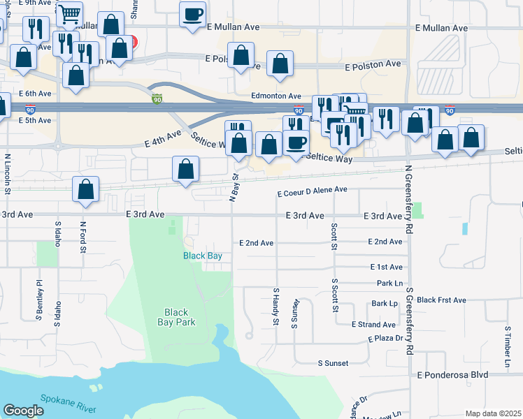 map of restaurants, bars, coffee shops, grocery stores, and more near 366 North Bay Street in Post Falls