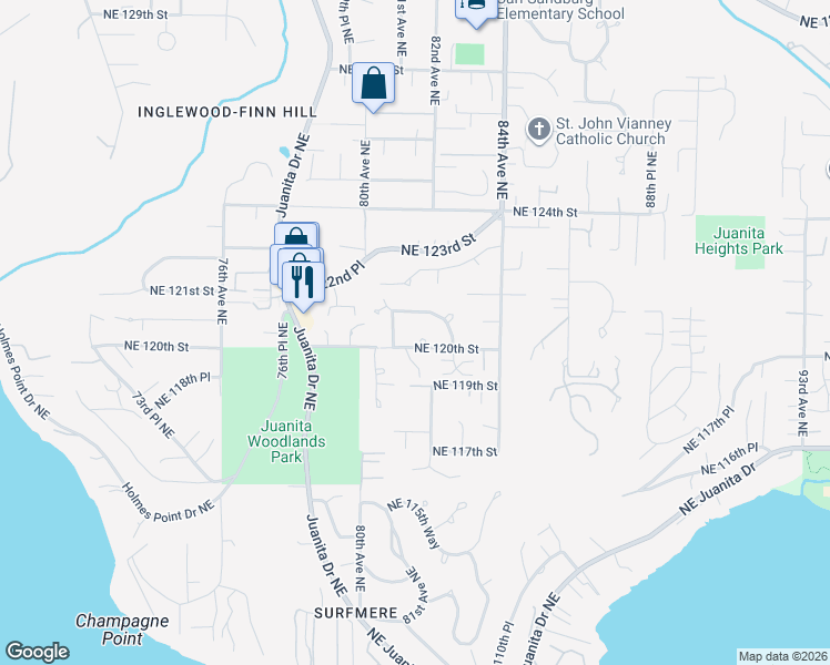 map of restaurants, bars, coffee shops, grocery stores, and more near 8104 Northeast 121st Street in Kirkland