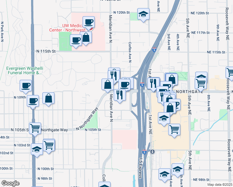 map of restaurants, bars, coffee shops, grocery stores, and more near in Seattle