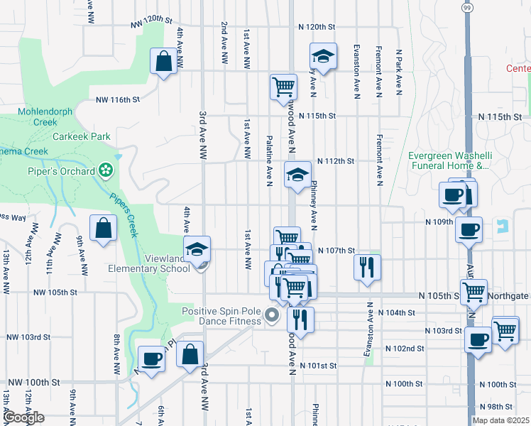 map of restaurants, bars, coffee shops, grocery stores, and more near 202 North 110th Street in Seattle