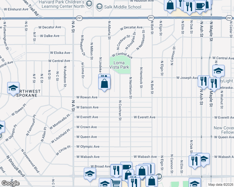map of restaurants, bars, coffee shops, grocery stores, and more near 5509 North Cochran Street in Spokane