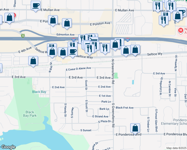 map of restaurants, bars, coffee shops, grocery stores, and more near 301 North Beckett Street in Post Falls