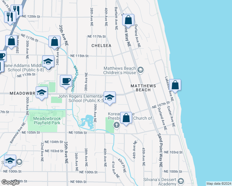 map of restaurants, bars, coffee shops, grocery stores, and more near 4034 Northeast 110th Street in Seattle