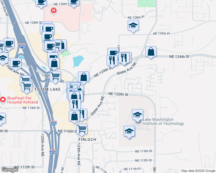 map of restaurants, bars, coffee shops, grocery stores, and more near 12034 Slater Avenue Northeast in Kirkland