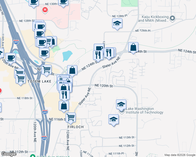 map of restaurants, bars, coffee shops, grocery stores, and more near 12004 Slater Avenue Northeast in Kirkland