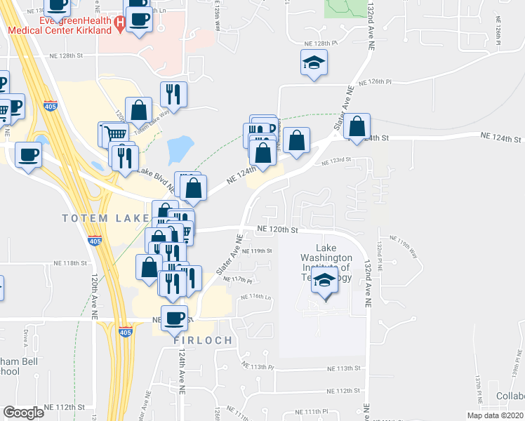 map of restaurants, bars, coffee shops, grocery stores, and more near 12016 Slater Avenue Northeast in Kirkland