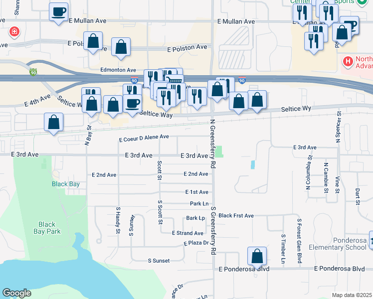map of restaurants, bars, coffee shops, grocery stores, and more near 1812 East Coeur D Alene Avenue in Post Falls