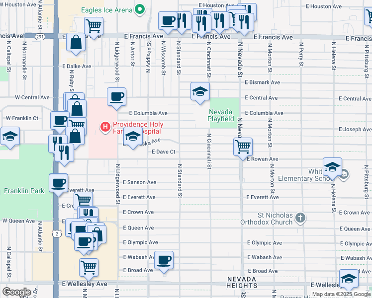 map of restaurants, bars, coffee shops, grocery stores, and more near 603 East Nebraska Avenue in Spokane