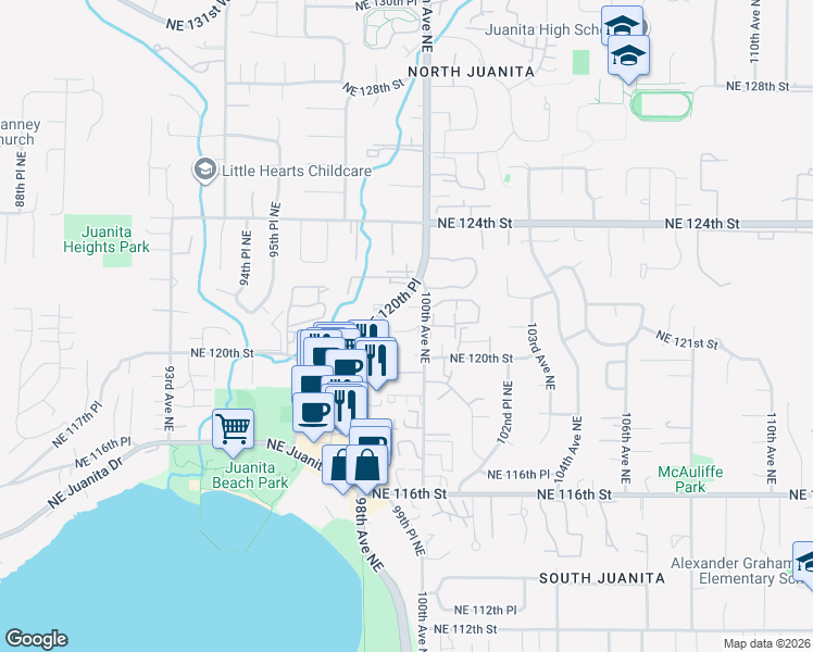 map of restaurants, bars, coffee shops, grocery stores, and more near 12115 100th Avenue Northeast in Kirkland