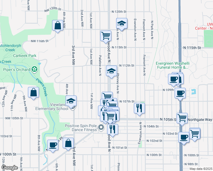 map of restaurants, bars, coffee shops, grocery stores, and more near 202 North 110th Street in Seattle
