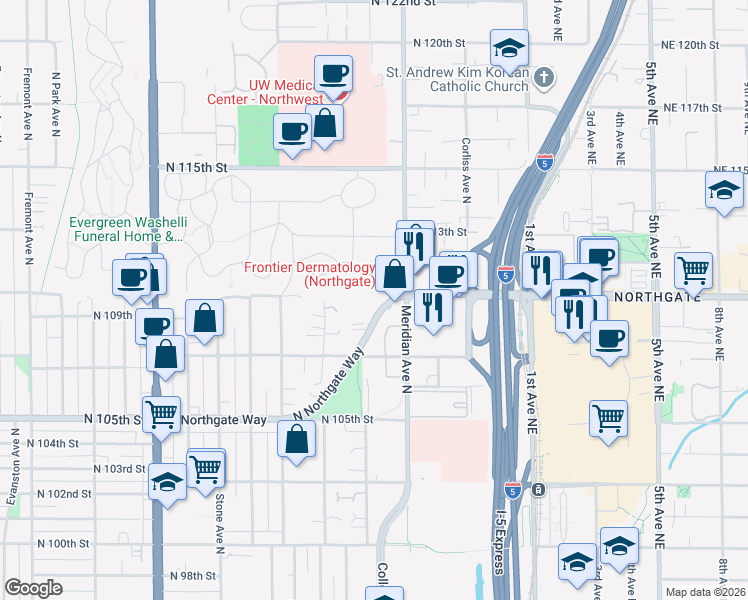 map of restaurants, bars, coffee shops, grocery stores, and more near 11001 Meridian Avenue North in Seattle