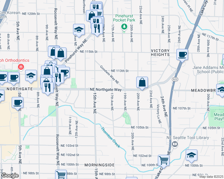 map of restaurants, bars, coffee shops, grocery stores, and more near 1700 Northeast Northgate Way in Seattle