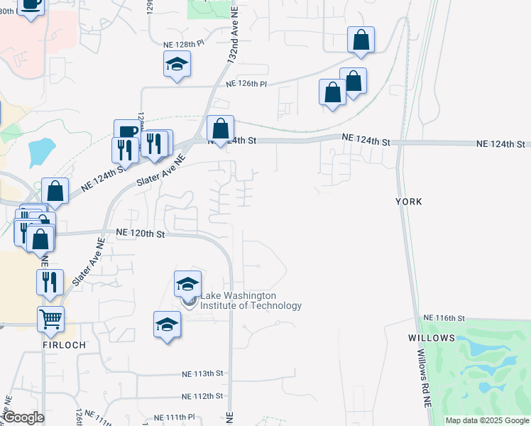 map of restaurants, bars, coffee shops, grocery stores, and more near 13245 Northeast 123rd Street in Kirkland