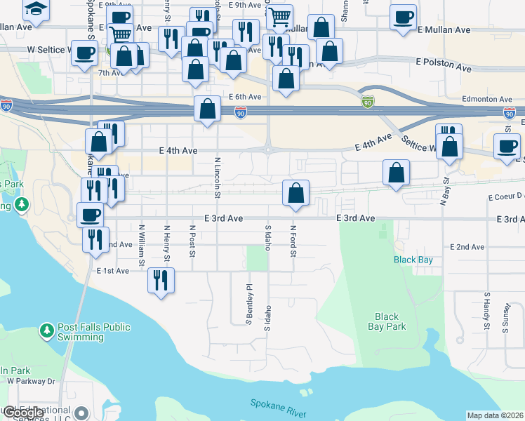 map of restaurants, bars, coffee shops, grocery stores, and more near 312 North Idaho Street in Post Falls