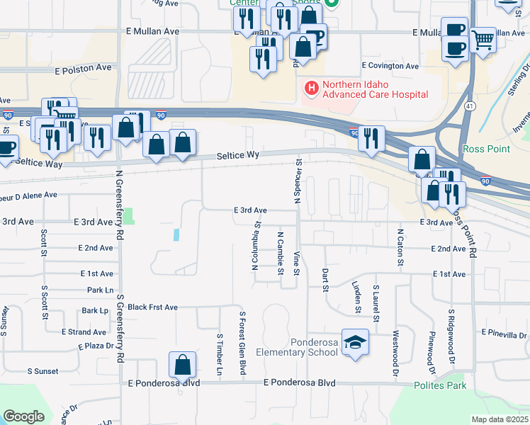 map of restaurants, bars, coffee shops, grocery stores, and more near 3090 East 3rd Avenue in Post Falls