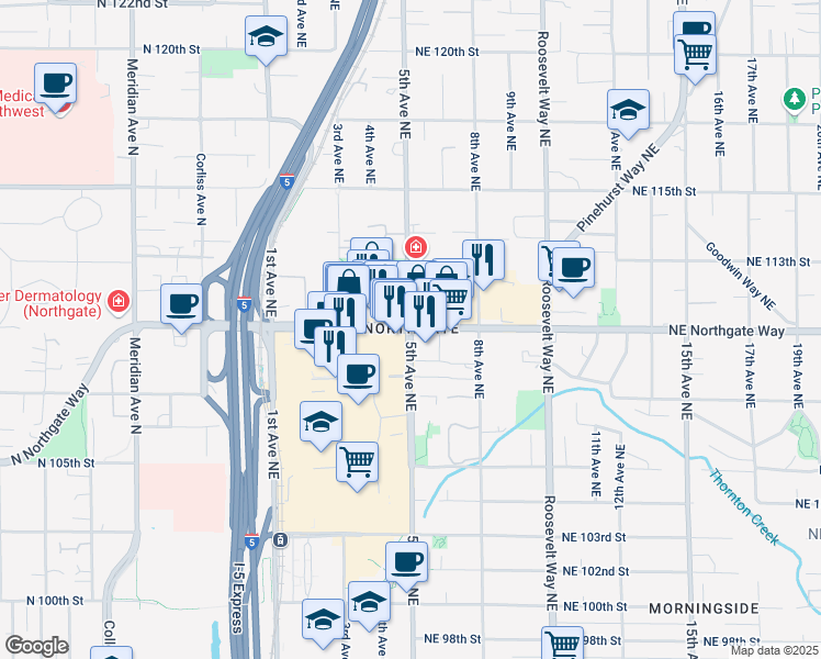 map of restaurants, bars, coffee shops, grocery stores, and more near 5th Ave NE & NE Northgate Way in Seattle