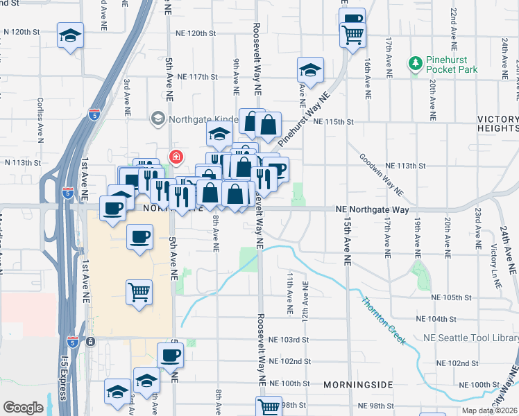 map of restaurants, bars, coffee shops, grocery stores, and more near 11000 Roosevelt Way NE in Seattle