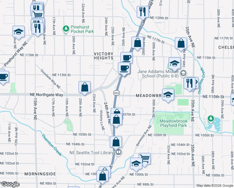 map of restaurants, bars, coffee shops, grocery stores, and more near 11033-11079 Lake City Way Northeast in Seattle