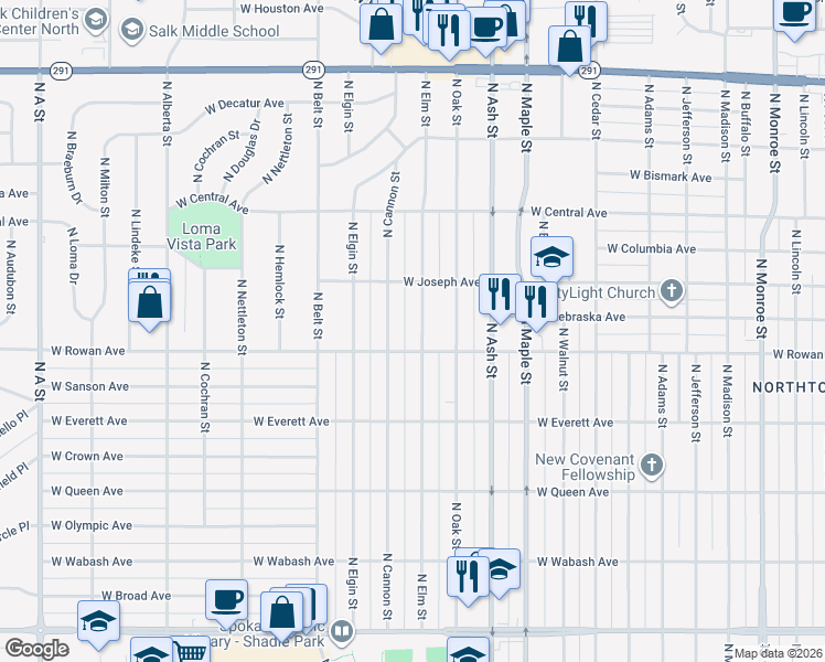 map of restaurants, bars, coffee shops, grocery stores, and more near 5603 North Elm Street in Spokane