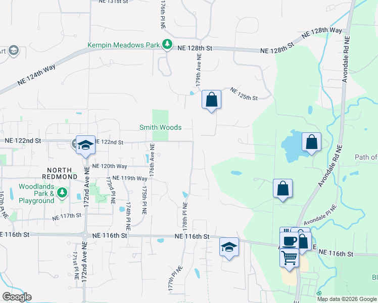 map of restaurants, bars, coffee shops, grocery stores, and more near 12116 178th Place Northeast in Redmond