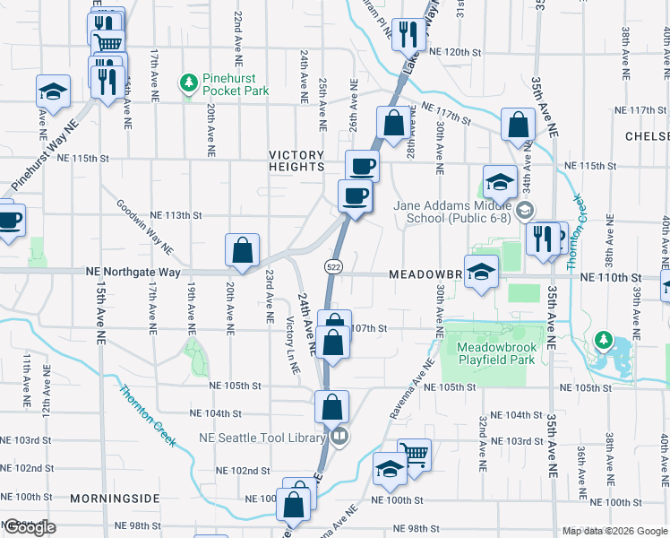 map of restaurants, bars, coffee shops, grocery stores, and more near 11033-11079 Lake City Way Northeast in Seattle