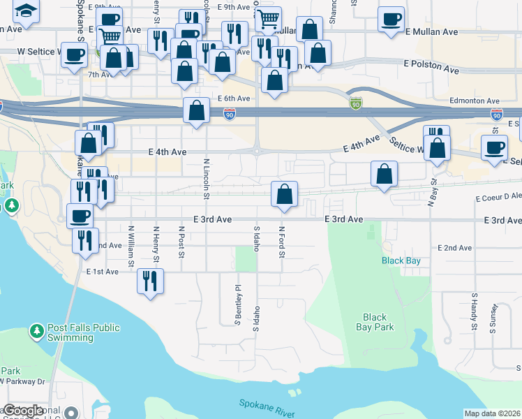 map of restaurants, bars, coffee shops, grocery stores, and more near 312 North Idaho Street in Post Falls