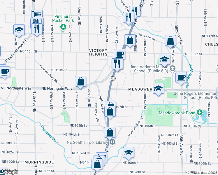 map of restaurants, bars, coffee shops, grocery stores, and more near 11033-11079 Lake City Way Northeast in Seattle