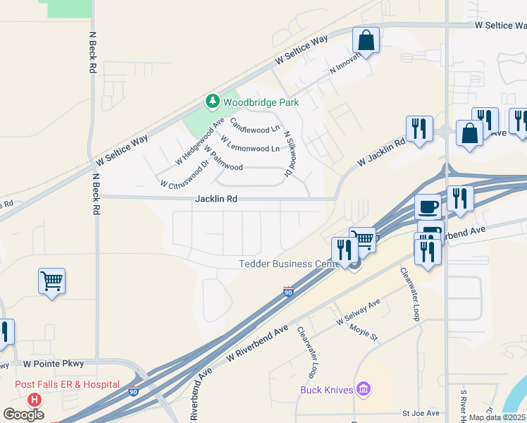map of restaurants, bars, coffee shops, grocery stores, and more near 5797 West Gumwood Circle in Post Falls