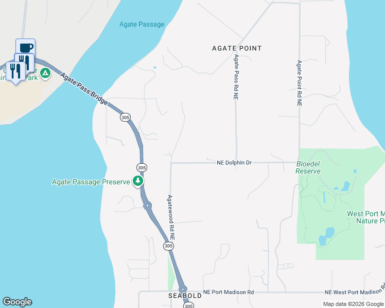 map of restaurants, bars, coffee shops, grocery stores, and more near 6980 Northeast Dolphin Drive in Bainbridge Island