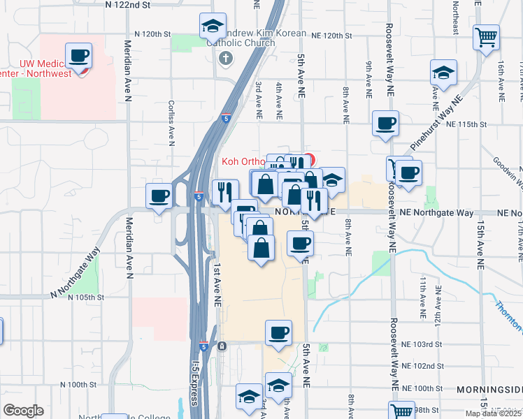 map of restaurants, bars, coffee shops, grocery stores, and more near 302 Northeast Northgate Way in Seattle