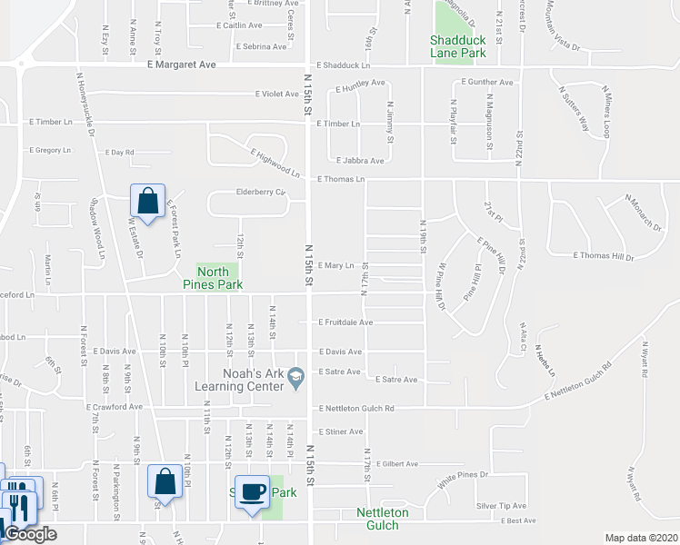 map of restaurants, bars, coffee shops, grocery stores, and more near 1526 East Mary Lane in Coeur d'Alene