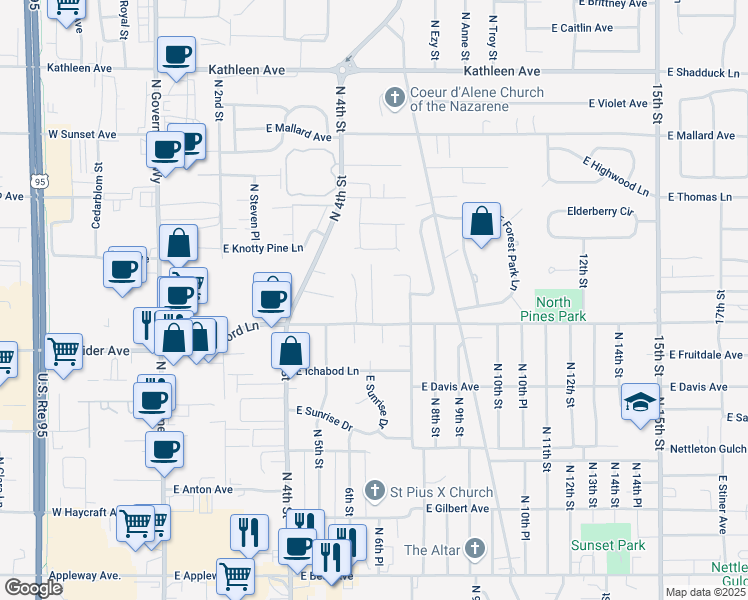 map of restaurants, bars, coffee shops, grocery stores, and more near 3407 North 6th Place in Coeur d'Alene