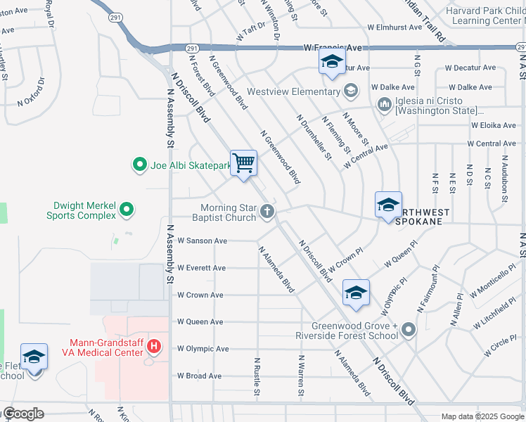 map of restaurants, bars, coffee shops, grocery stores, and more near 5524 North Driscoll Boulevard in Spokane