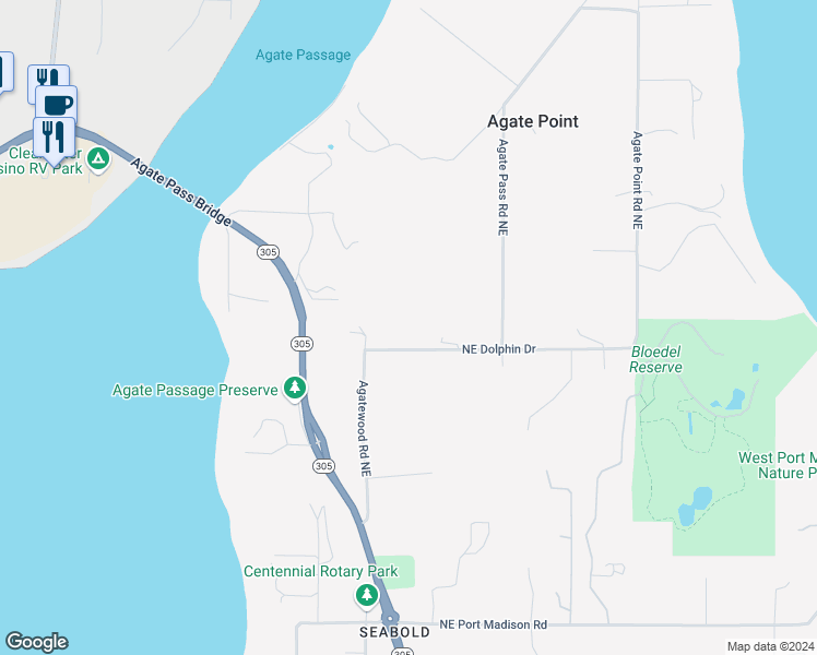 map of restaurants, bars, coffee shops, grocery stores, and more near 6980 Northeast Dolphin Drive in Bainbridge Island