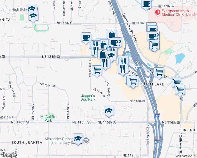 map of restaurants, bars, coffee shops, grocery stores, and more near 11410 Northeast 122nd Way in Kirkland