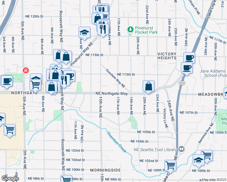 map of restaurants, bars, coffee shops, grocery stores, and more near 1542 Northeast Northgate Way in Seattle