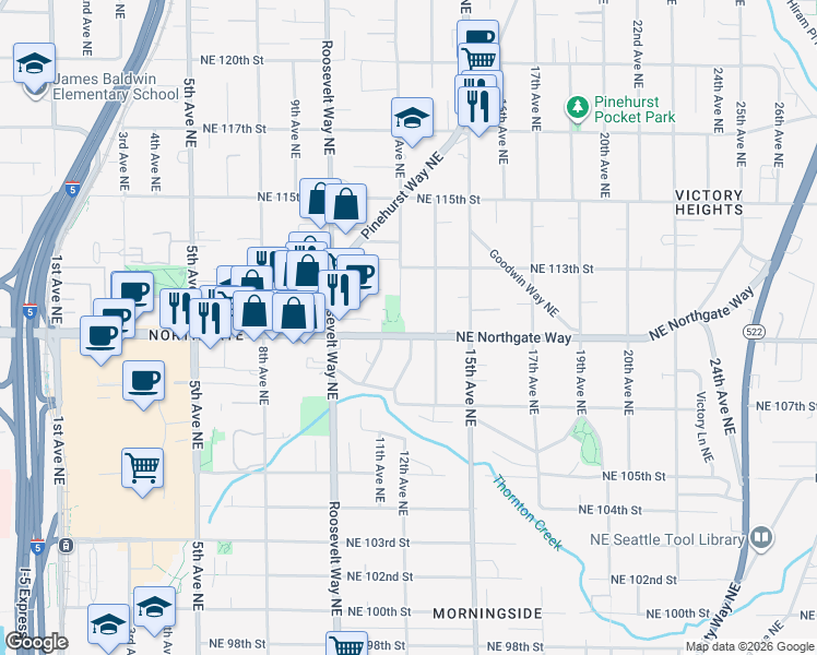 map of restaurants, bars, coffee shops, grocery stores, and more near 1208 Northeast Northgate Way in Seattle