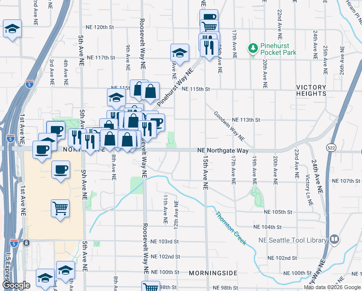 map of restaurants, bars, coffee shops, grocery stores, and more near 1212 Northeast Northgate Way in Seattle