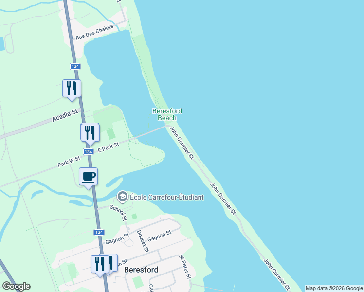 map of restaurants, bars, coffee shops, grocery stores, and more near 772 John Cormier Street in Beresford