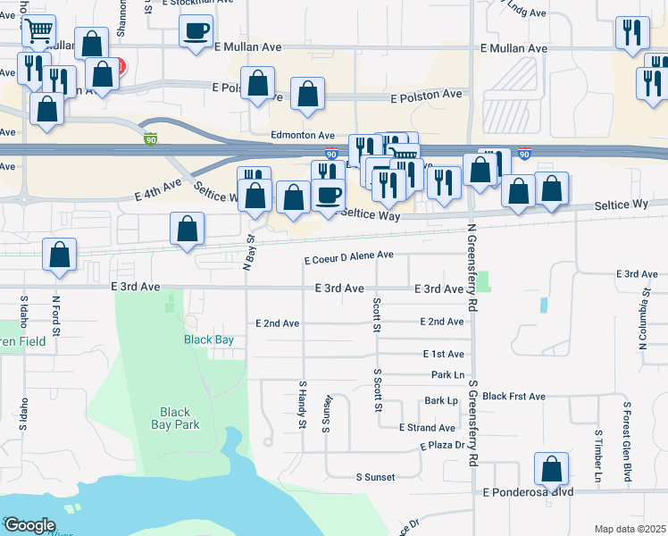 map of restaurants, bars, coffee shops, grocery stores, and more near 1616 East Coeur D Alene Avenue in Post Falls