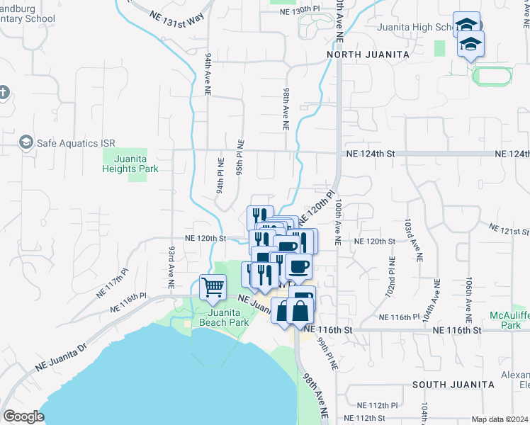 map of restaurants, bars, coffee shops, grocery stores, and more near 12034 96th Avenue Northeast in Kirkland