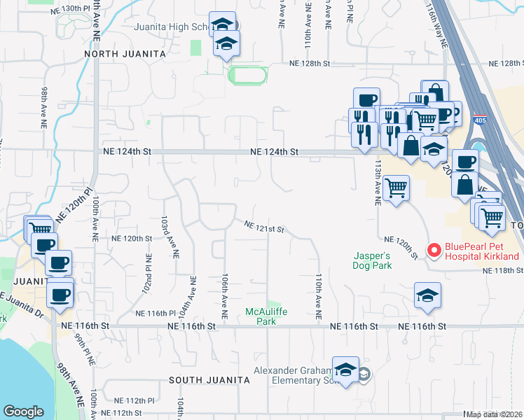 map of restaurants, bars, coffee shops, grocery stores, and more near 12128 107th Avenue Northeast in Kirkland