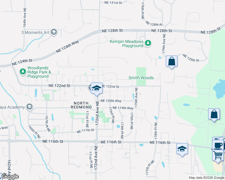 map of restaurants, bars, coffee shops, grocery stores, and more near 12160 173rd Place Northeast in Redmond
