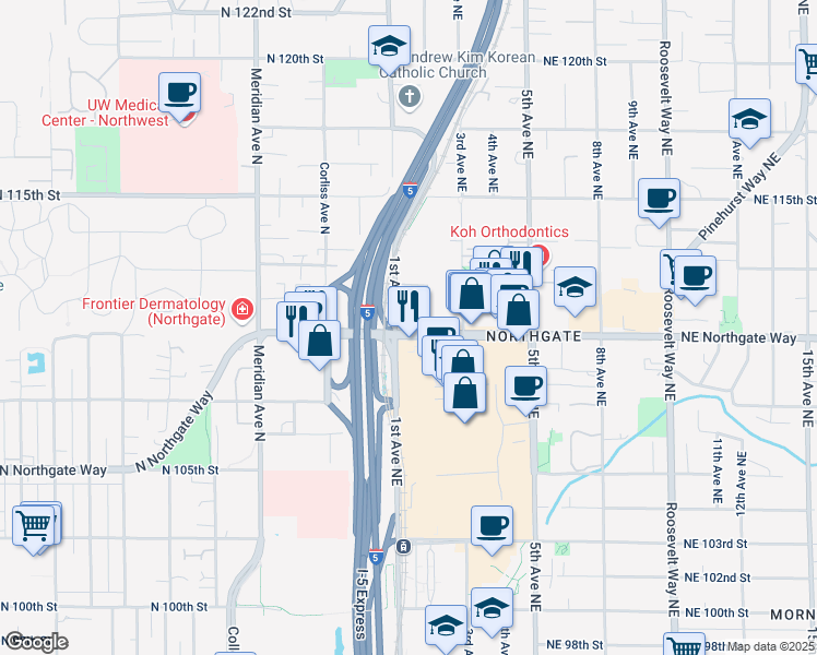 map of restaurants, bars, coffee shops, grocery stores, and more near 106 Northeast Northgate Way in Seattle