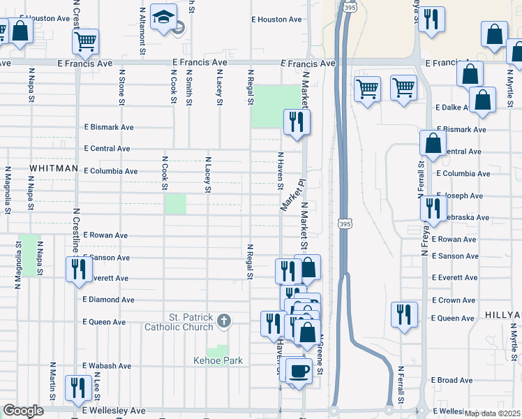 map of restaurants, bars, coffee shops, grocery stores, and more near 2911 East Nebraska Avenue in Spokane
