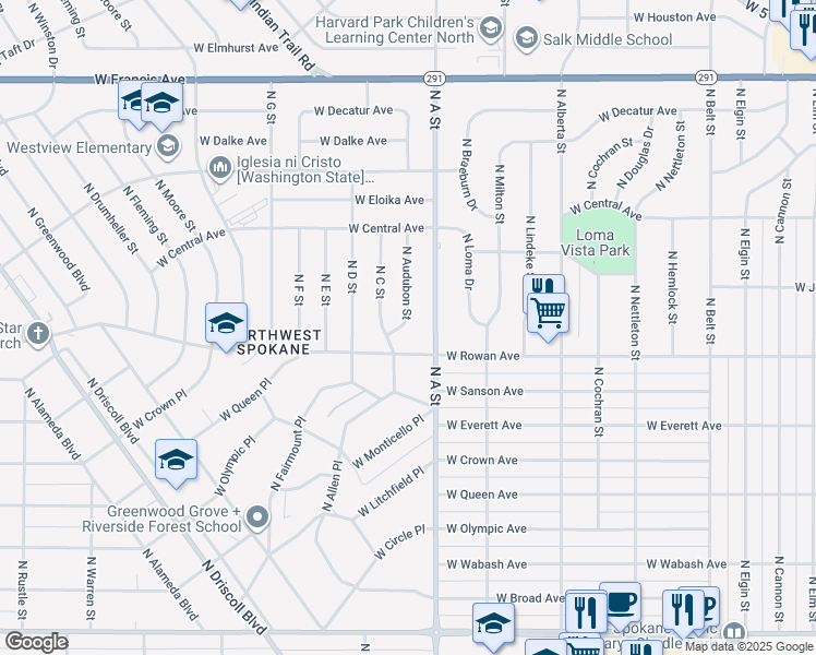 map of restaurants, bars, coffee shops, grocery stores, and more near 5603 North A Street in Spokane