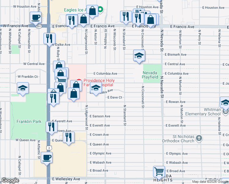 map of restaurants, bars, coffee shops, grocery stores, and more near 528 East Nebraska Avenue in Spokane