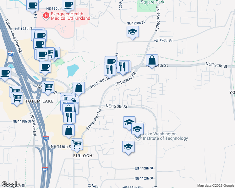 map of restaurants, bars, coffee shops, grocery stores, and more near 12062 Slater Avenue Northeast in Kirkland